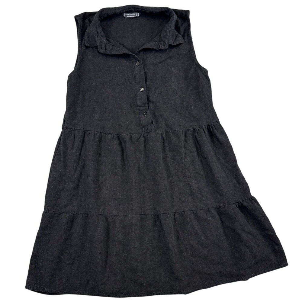 Stradivarius Womens Black Sleeveless Tiered Mini Dress Collared Button Front M